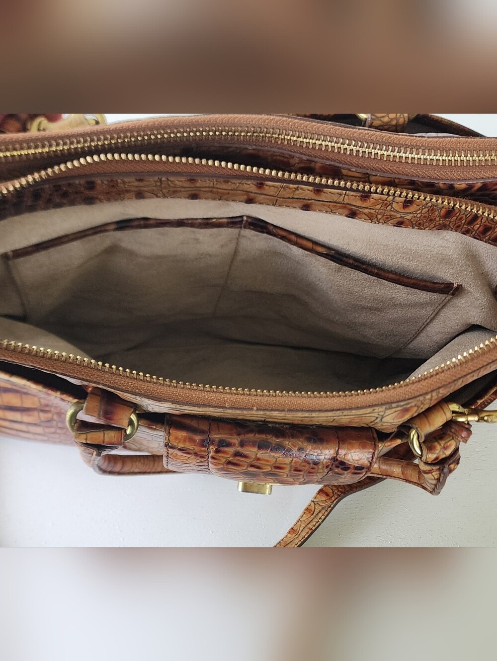 Brahmin Tan and Brown Crocodile-Embossed Satchel - Picture 11 of 15